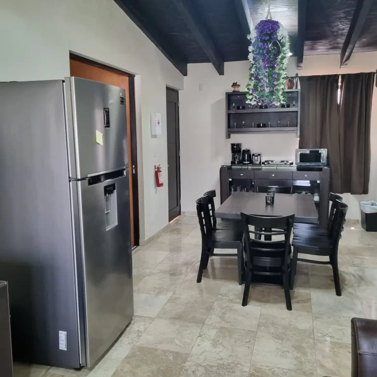 A kitchen and dining room area at Villa Serena, featuring a refrigerator, a dining table with chairs, a coffee machine, and a hanging plant. - Villa Serena