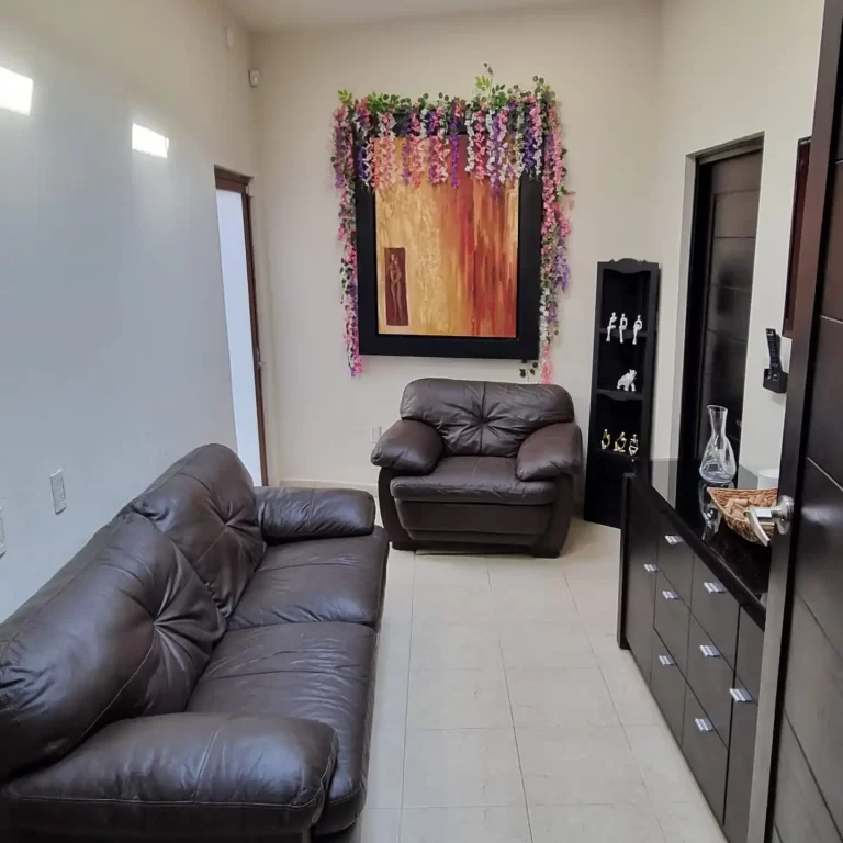 A cozy living room with a brown leather sofa, a matching armchair, and a coffee table. There is a large abstract painting on the wall and a bookshelf with decorative items - villaserena